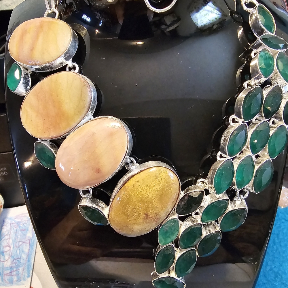A unique 925 stamped,  poly chrome jasper and emerald necklace .